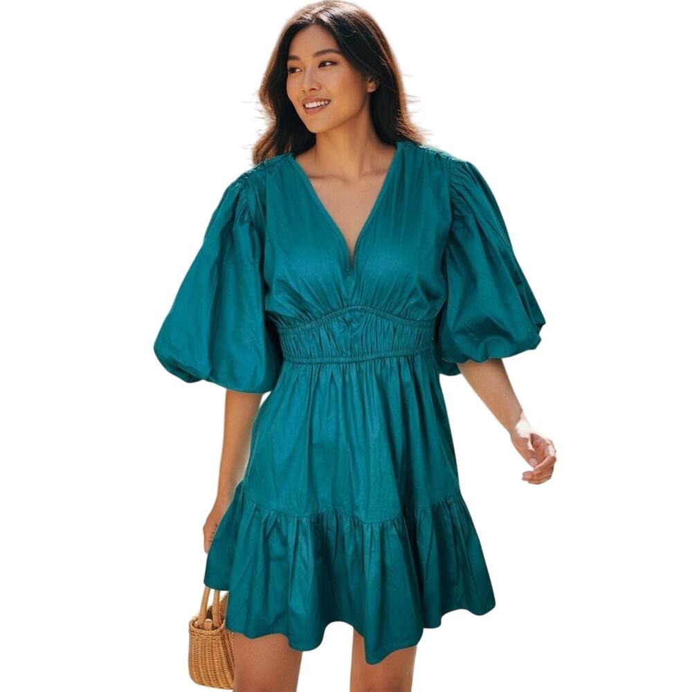 NWT Teal Empire Waist Puff Sleeve Cotton Dress Japna Size M